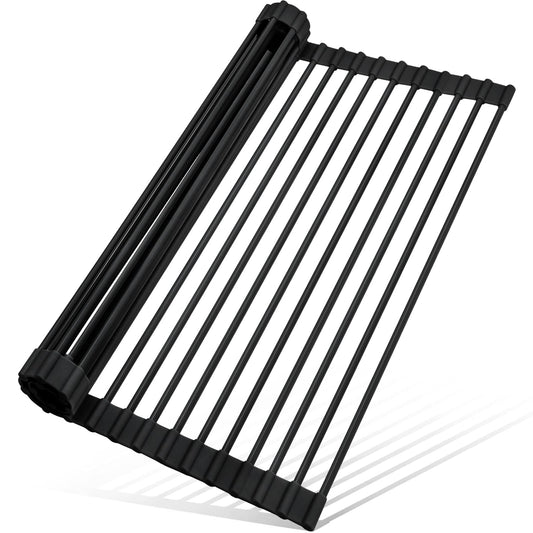 MERRYBOX Roll Up Dish Drying Rack Silicone Wrapped Over The Sink Dish Drying Rack Multipurpose Foldable Sink Drying Mat Anti-Slip & Anti-Rust Dish Rack for Kitchen, 17.5" x 13", Black