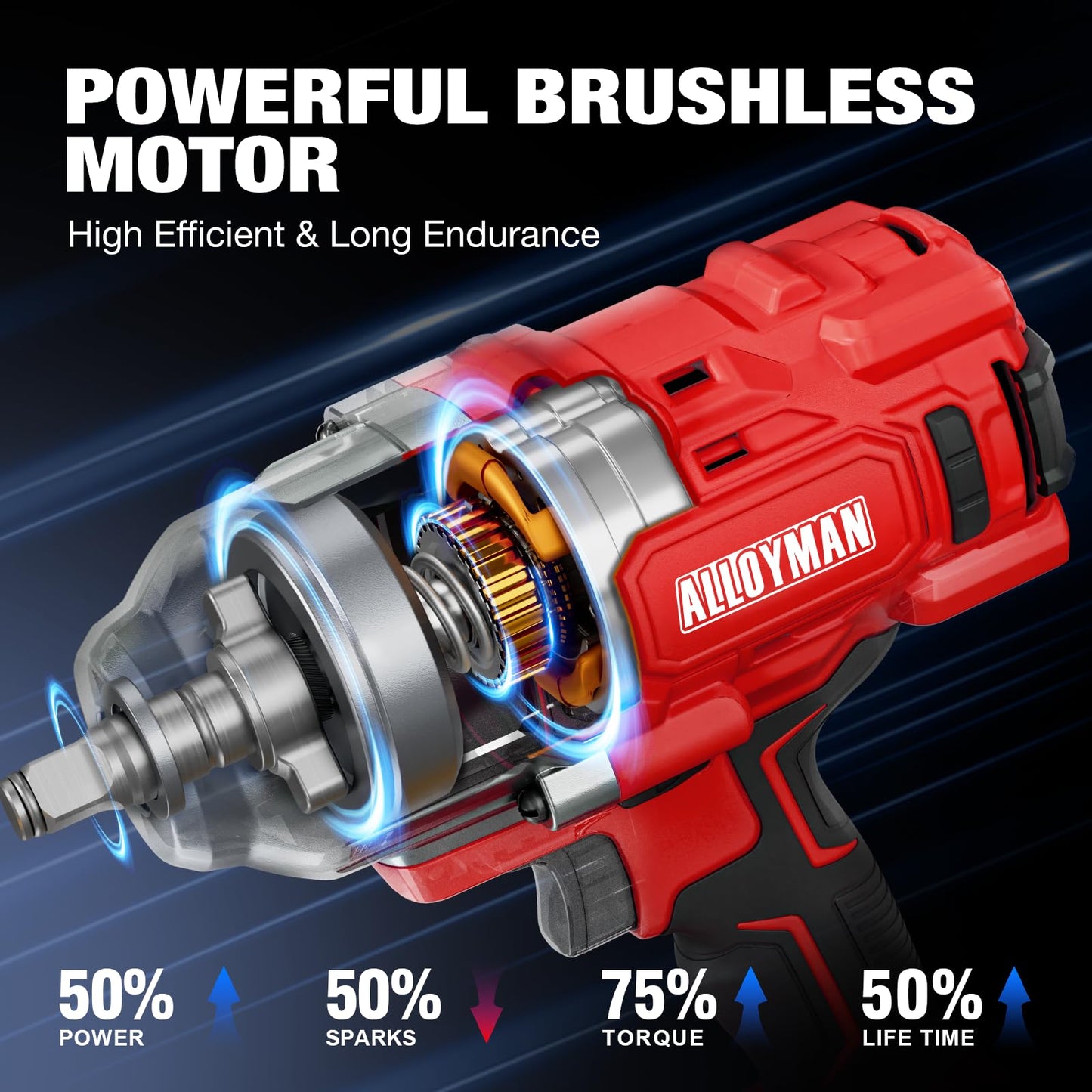 Alloyman Cordless Impact Wrench, 1475Ft-lbs (2000N.m) 1/2 High Torque Brushless Impact Gun, 20V Power Impact Driver, 4000mAh Battery,3 Sockets, Brushless Motor Variable Speeds for Car/Truck RV/Mower