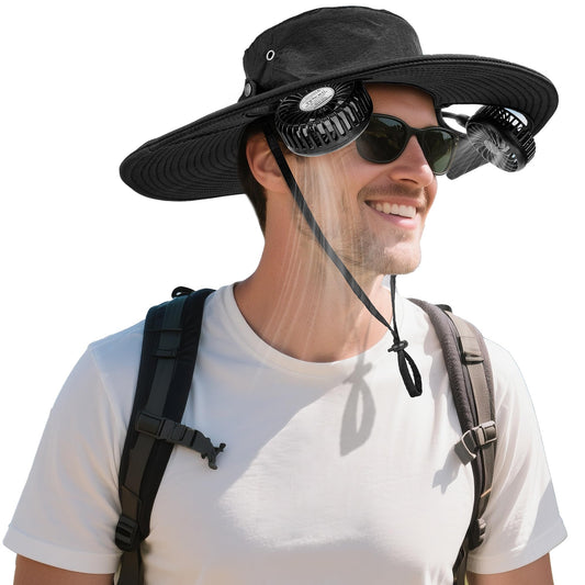 AMACOOL 2-in-1 Hands-free Hat Fan with Detachable Neck Fan, UPF 50+ Wide Brim Sun Hat, 3-Speed Adjustable, 2600mAh Rechargeable Fishing Essentials for Men Women Camping Travel Delivery Outdoor-Black