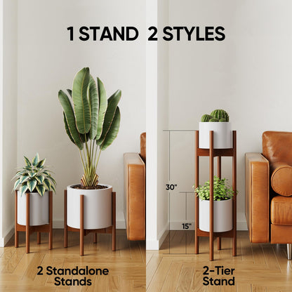 MUDEELA 2 Pack Indoor Plant Stands, 2 Tier Tall Plant Stand 30 inches, Mid Century Bamboo Plant Stand, Adjustable Width 8 - 12 inches, Fits Pot Size of 8 9 10 11 12 inches, Pot & Plant Not Included, Brown