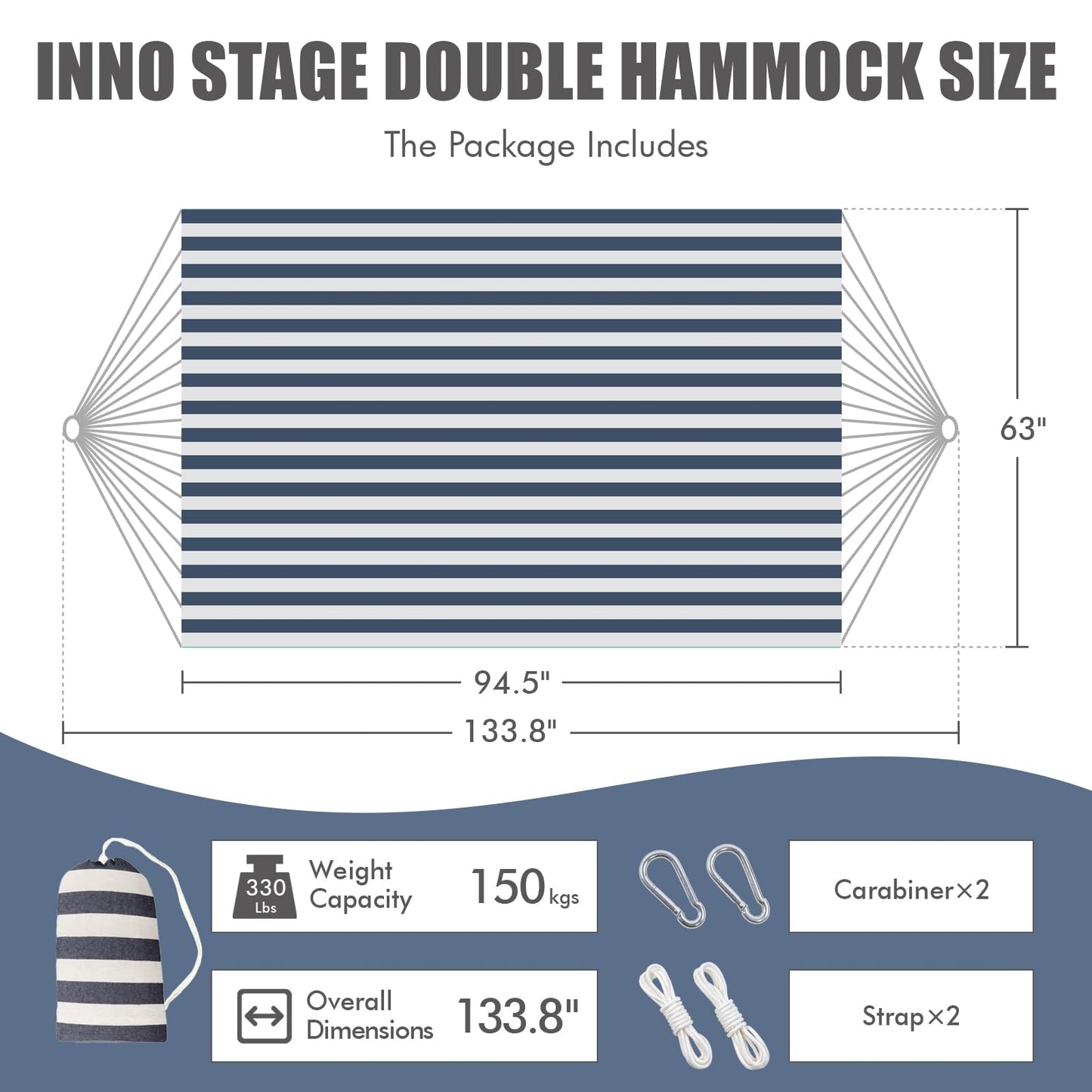 INNO STAGE Double Hammock - 2 Persons Portable Hanging Camping Bed, Blue, 118.3"L x 63"W, 350Lbs Capacity, Polyester, Supports Up to 350 lbs