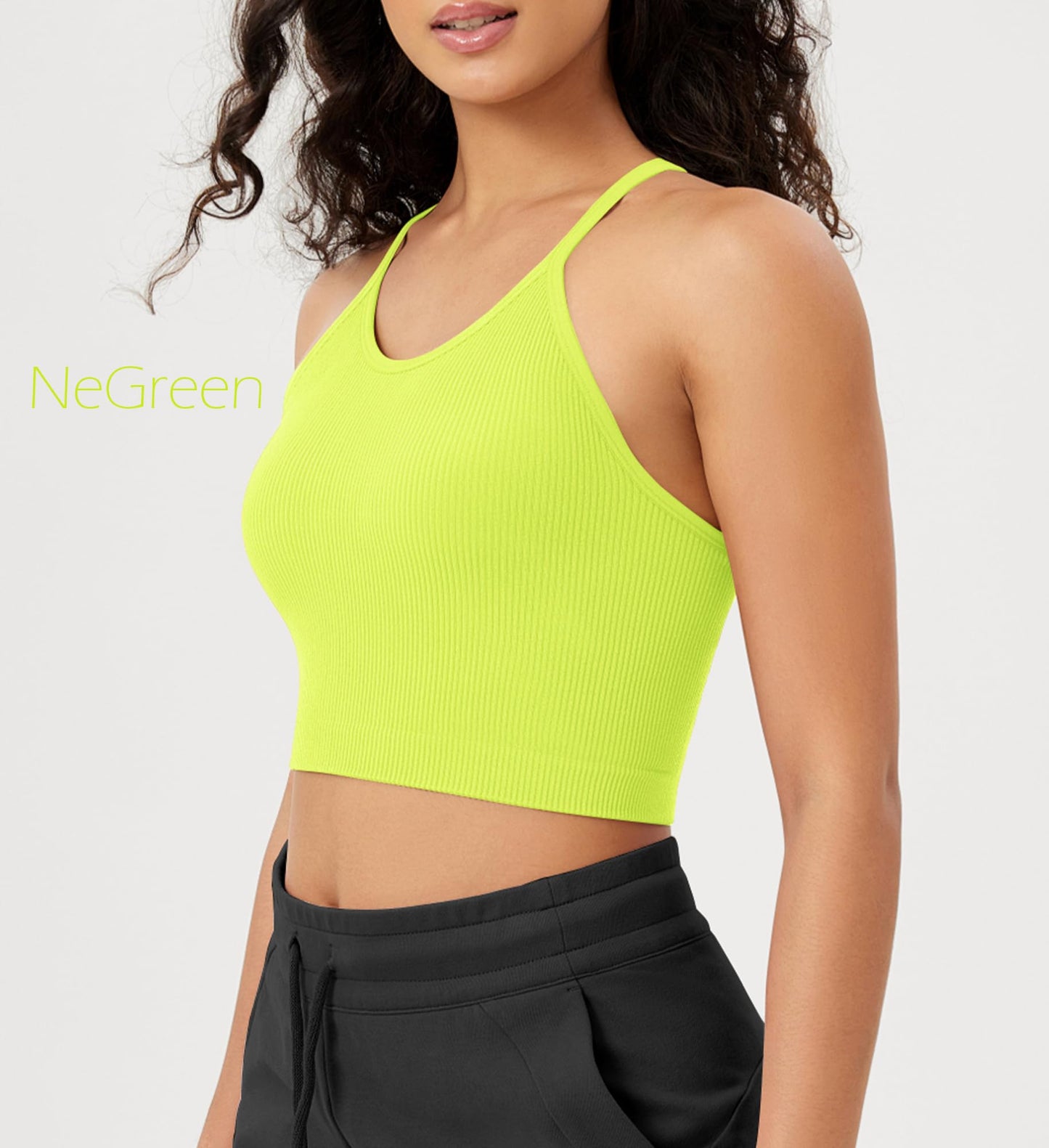 ODODOS Women's Crop 3-Pack Seamless Rib-Knit Camisole Crop Tank Tops, Neon Pink Green Orange, Medium/Large