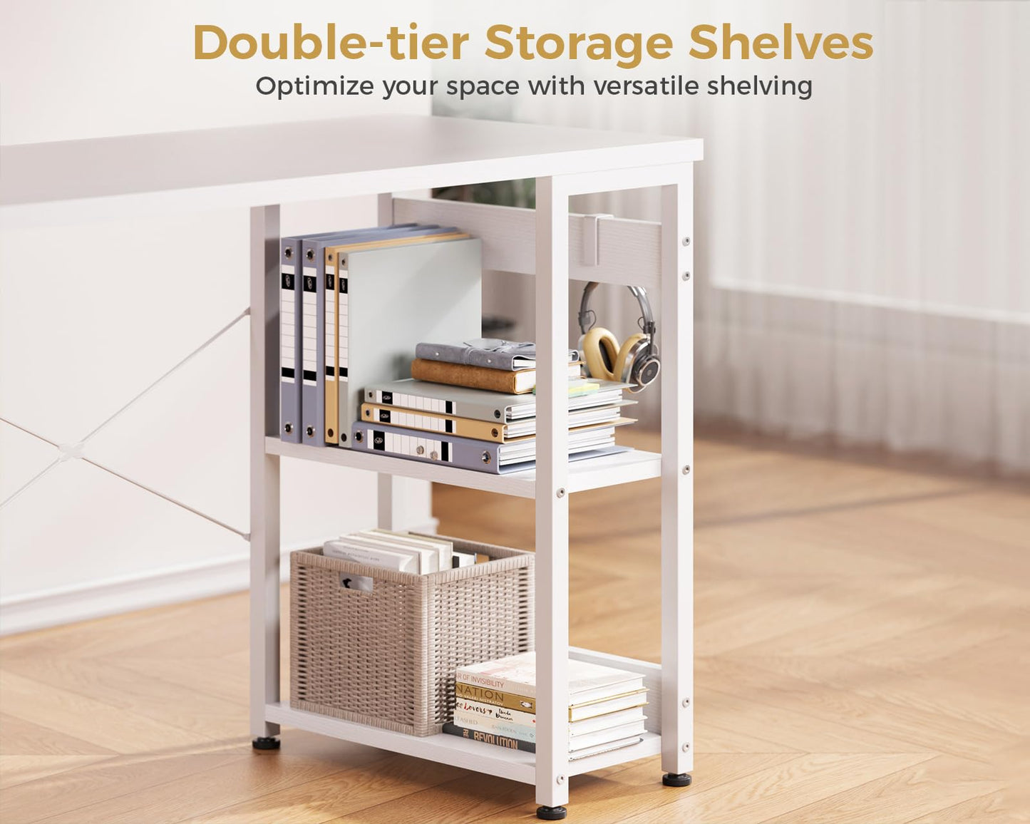 ODK 40 Inch Small White Computer Desk with 4 Fabric Drawers, Modern Office Desk for Home Office Gaming with Storage Shelves Study, White