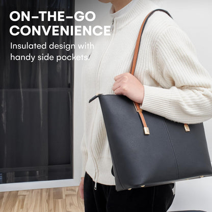 PortoVino Classic Tote Bag - Vegan Leather Wine Purse with Hidden Spout and Dispenser Flask for Wine Lovers that Holds and Pours 2 Bottles! For Traveling, Concerts, Bachelorette Party - Black