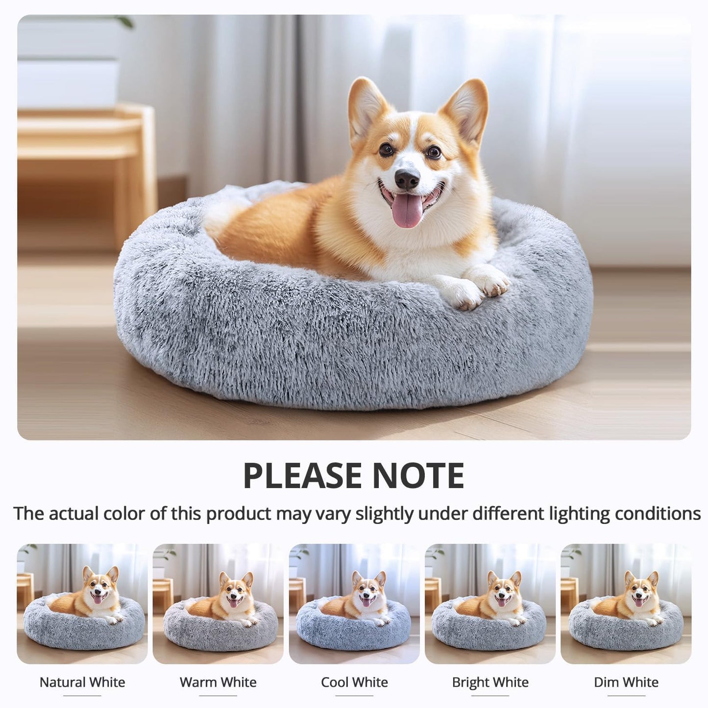 JOLLYVOGUE Calming Dog & Cat Bed for Small Dogs, Anti-Anxiety Donut Cuddler Cozy Soft Round Bed with Anti-Slip Bottom, Fluffy Faux Fur Plush Cushion Beds for Small Medium Dogs (20")
