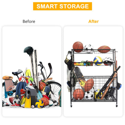 Kinghouse Sport Equipment Organizer for Garage, Steel Basketball Rack with Baseball Bat Holder and Hooks, Easy Assembly Storage for Balls, Kids' Toys, and Workout Gear in Basement, Home Gym, Outdoor