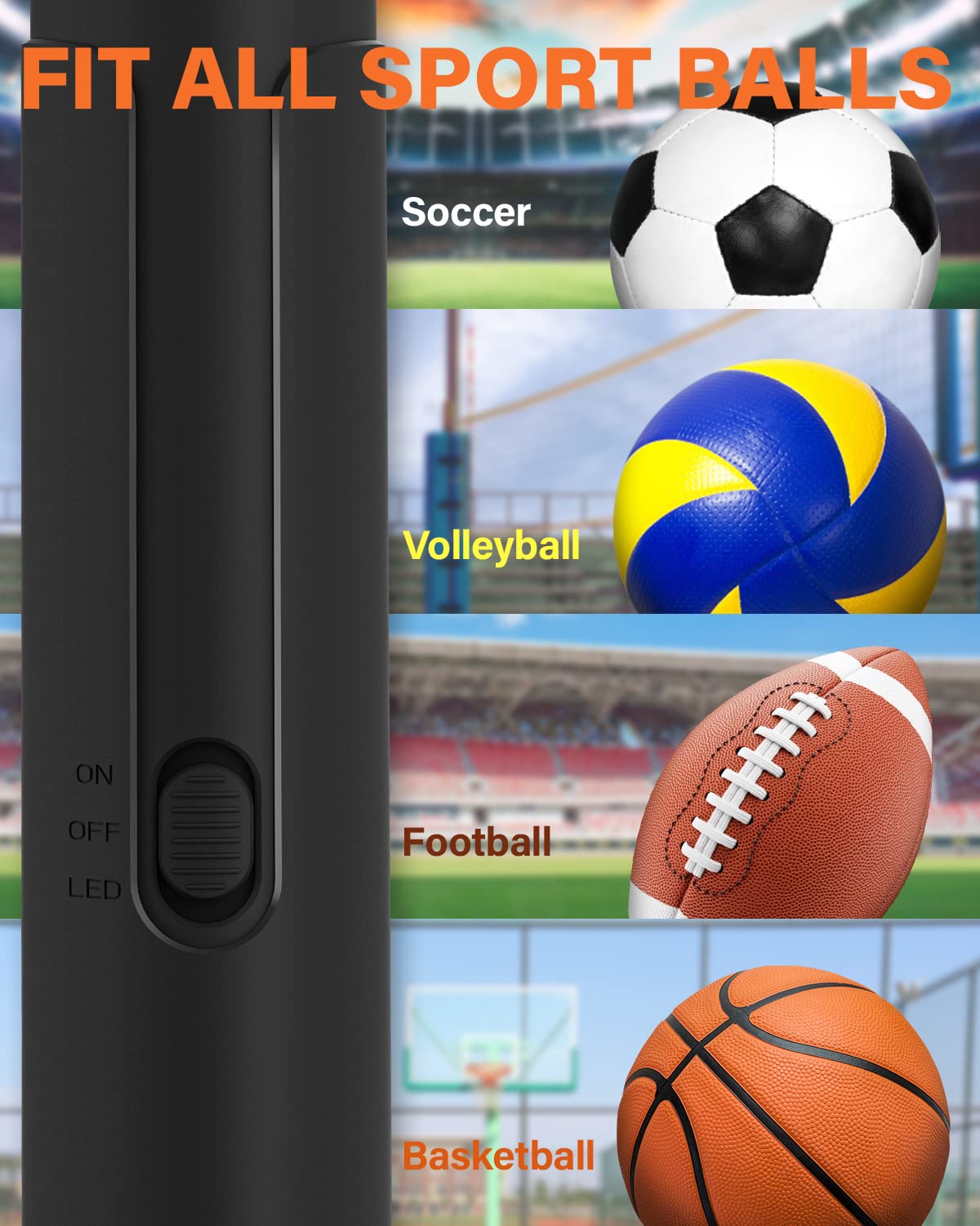 Pumteck Electric Air Ball Pump: Portable Fast Inflation Pump with LED Light for All Sports Balls Basketball Soccer Football Volleyball Exercise Accessories with 2 Needles and Storage Bag