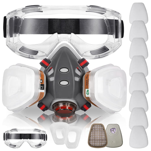 Respirator Mask with Filters, Reusable Half Face Cover Gas Mask with Safety Glasses Professional Breathing Protection Against Painting/Chemicals /Organic Vapors Perfect for Painters and DIY Project