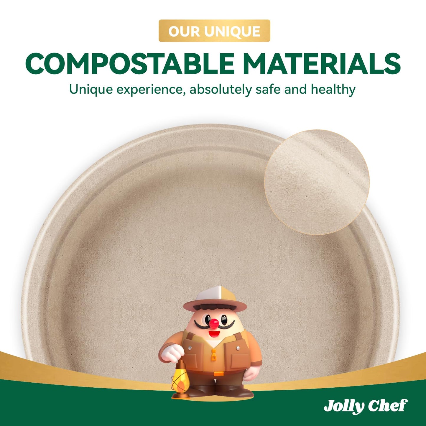JOLLY CHEF Compostable Heavy Duty Plates 𝟭𝟬 𝗜𝗻𝗰𝗵 [𝟯𝟬𝟬 𝗣𝗮𝗰𝗸] Eco-Friendly Disposable Paper Plates Made of Bagasse Biodegradable Bulk for Party Dinner Sugarcane Fibers Round (Natural)
