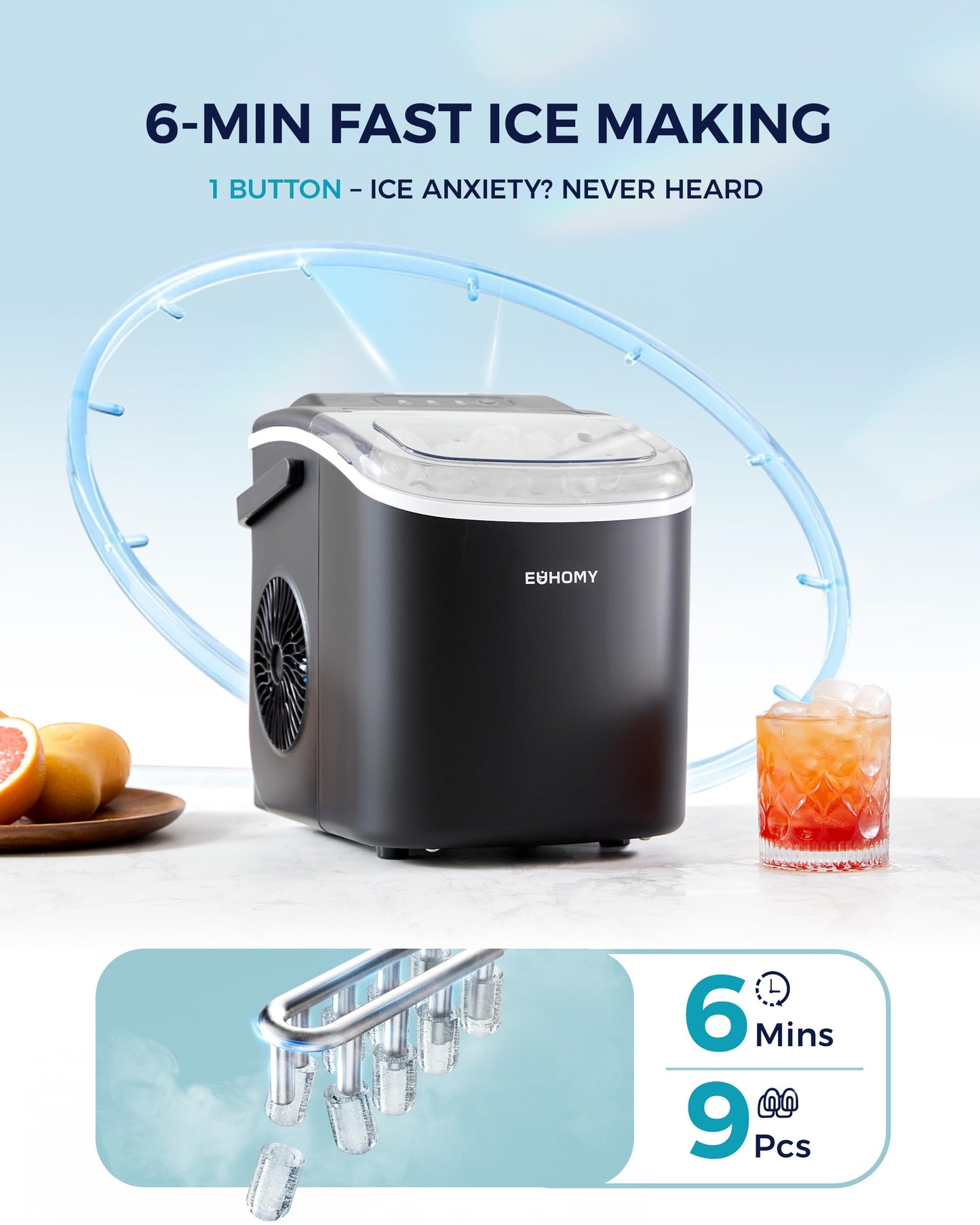 EUHOMY Countertop Ice Maker Machine with Handle, 26lbs in 24Hrs, 9 Ice Cubes Ready in 6 Mins, Auto-Cleaning Portable Ice Maker with Basket and Scoop, for Home/Kitchen/Camping/RV. (Black)
