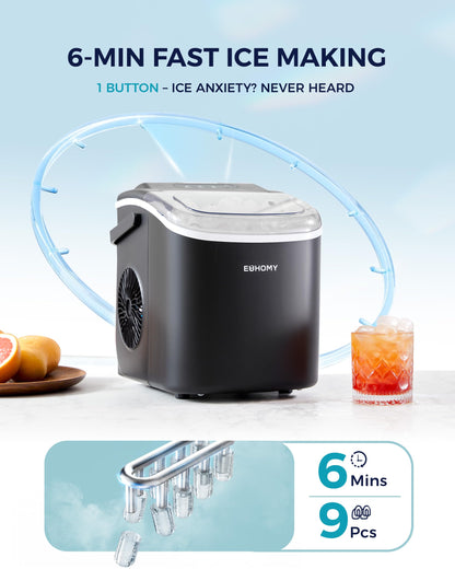 EUHOMY Countertop Ice Maker Machine with Handle, 26lbs in 24Hrs, 9 Ice Cubes Ready in 6 Mins, Auto-Cleaning Portable Ice Maker with Basket and Scoop, for Home/Kitchen/Camping/RV. (Black)
