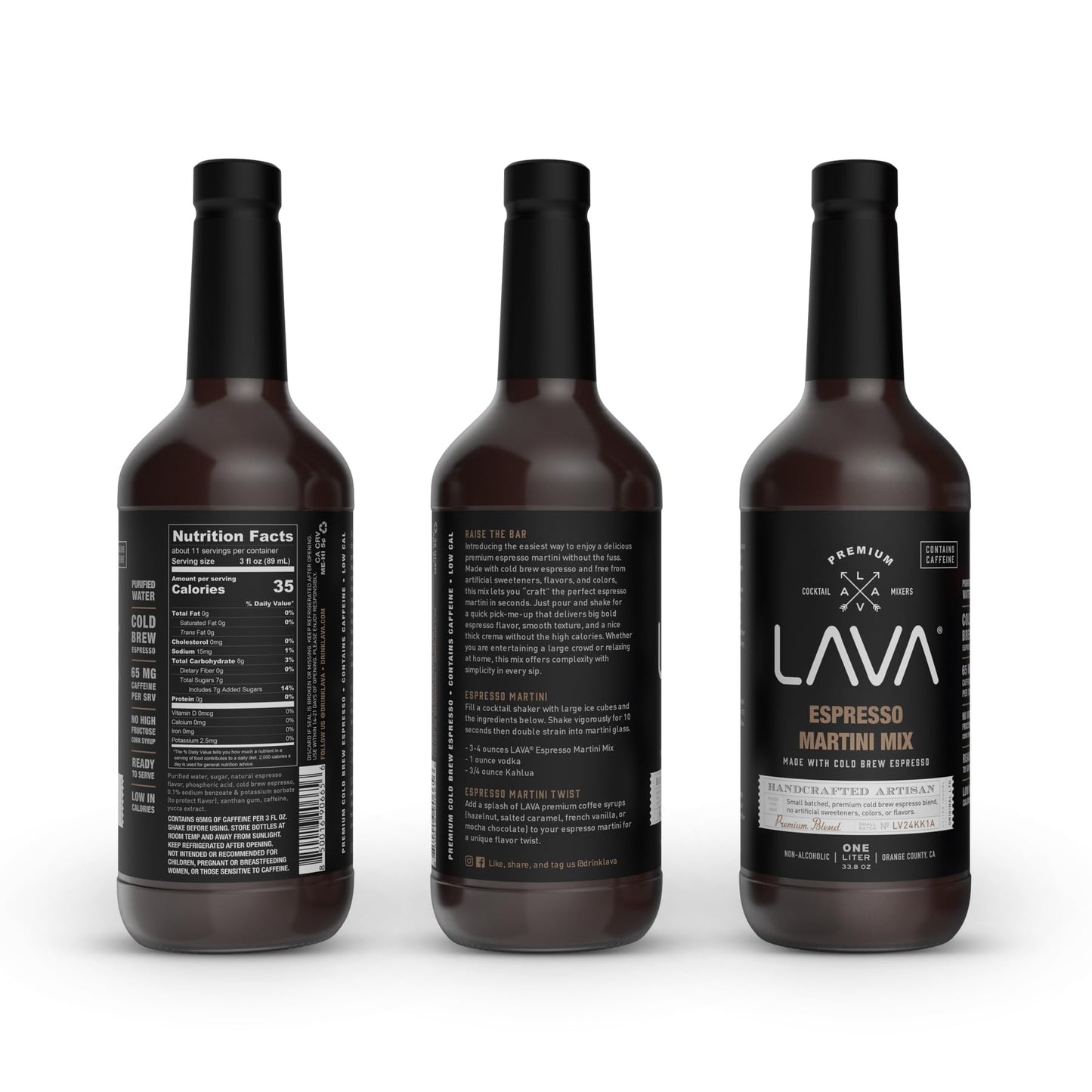 LAVA Premium Espresso Martini Mix, Cold Brew Espresso, 65mg Caffeine Per Serv., No Artificial Sweeteners, Colors, or Flavors, Espresso Martini Gift, 1-Liter (33.8oz) Glass Bottle