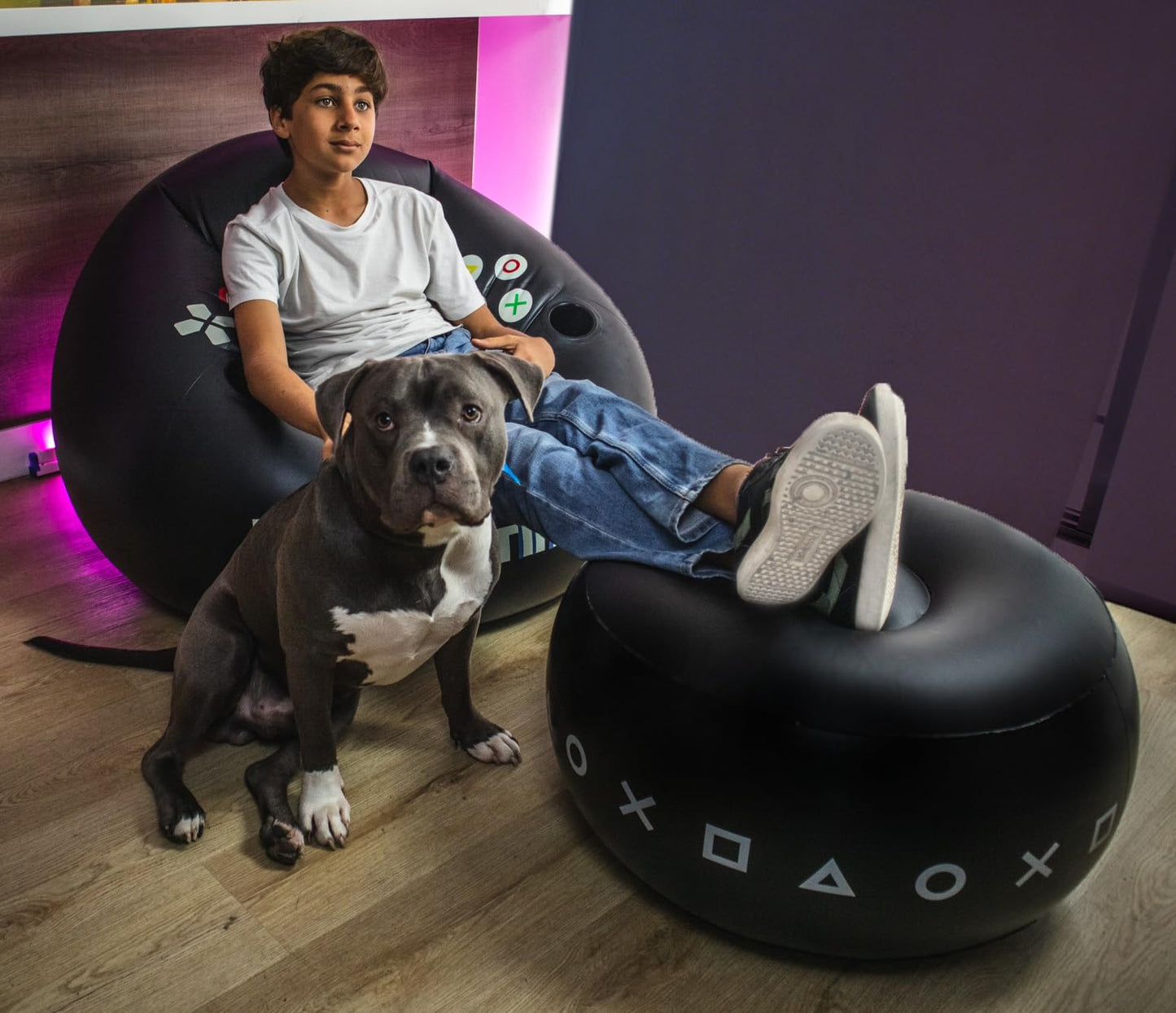 FranFusion Inflatable Gaming Chair for Kids & Teens with Cup Holders and Side Pocket - This Air Bean Bag Game Chair is The Perfect Furniture for Gamer Room Décor (Gaming Time with Ottoman)