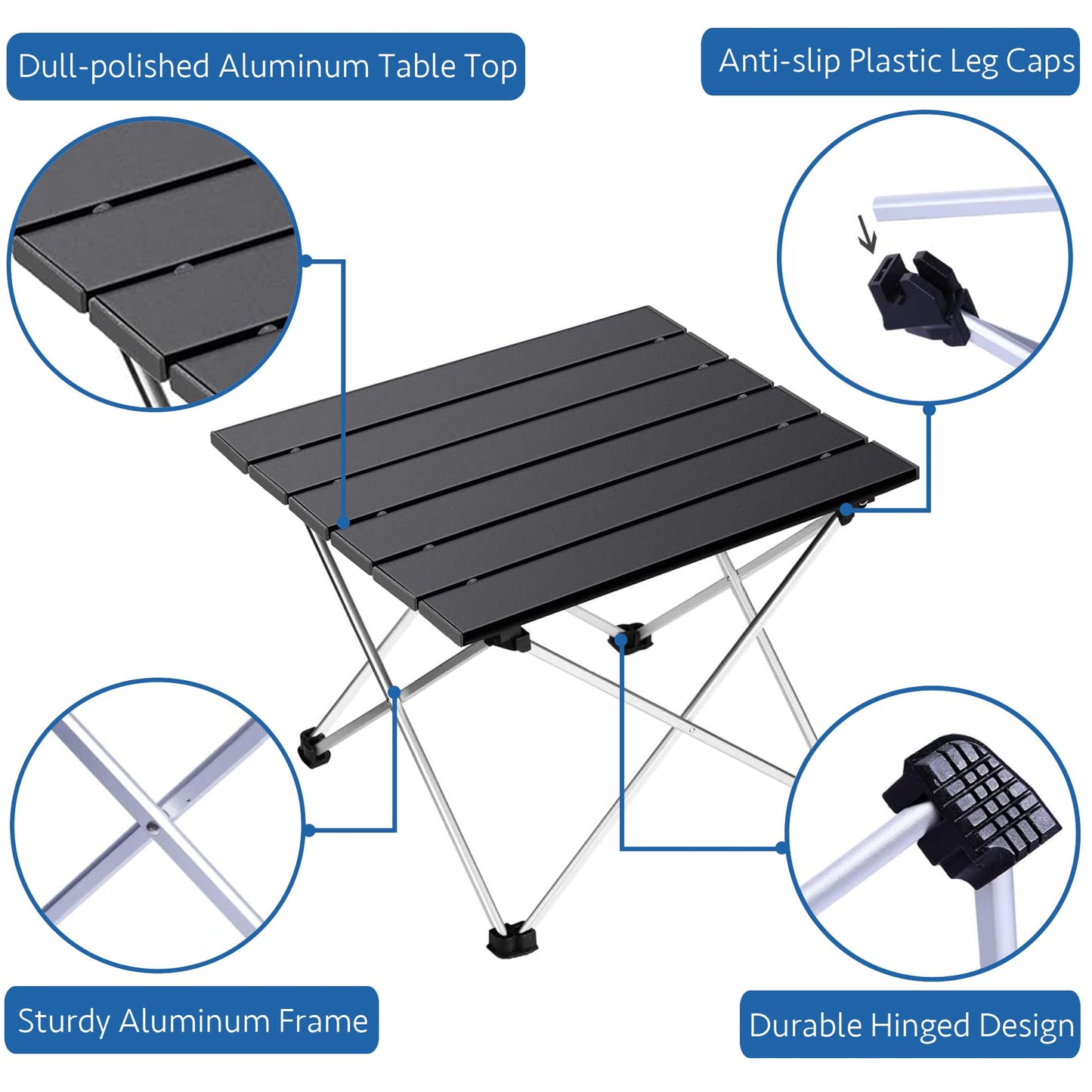Grope Portable Camping Table with Aluminum Table Top, Folding Beach Table Easy to Carry, Prefect for Outdoor, Picnic, BBQ, Cooking, Festival, Beach, Home Use (Black-S)