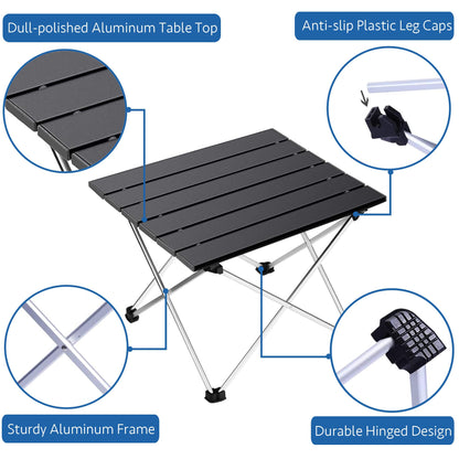 Grope Portable Camping Table with Aluminum Table Top, Folding Beach Table Easy to Carry, Prefect for Outdoor, Picnic, BBQ, Cooking, Festival, Beach, Home Use (Black-S)