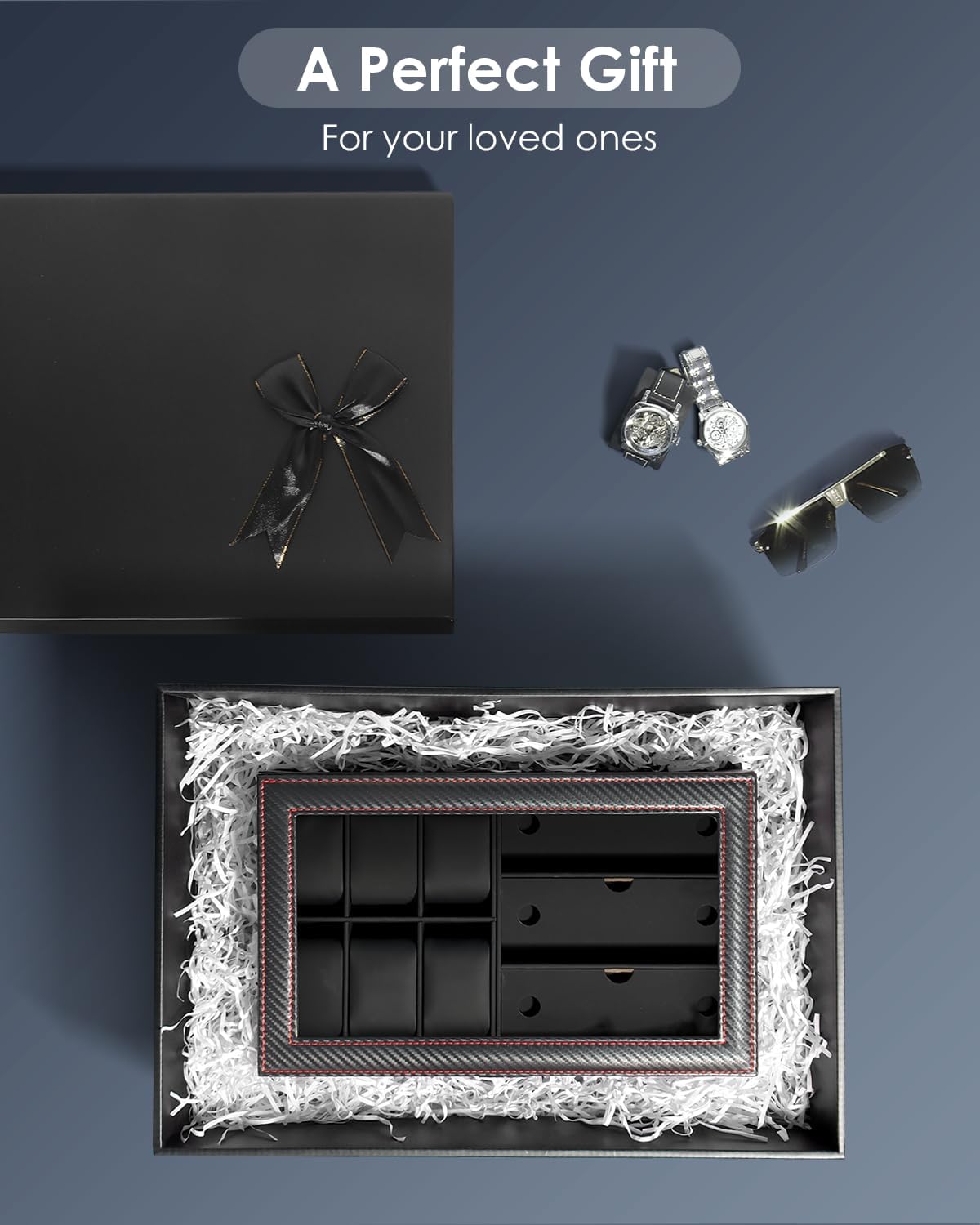 Kukikan Watch Jewelry Box Organizer, 6-Slot 2-Layer Watch Case and Sunglasses Storage with Large Glass Lid, Men's Jewelry Box with Lock, Watch Holder Display Case, Gift for Men Women