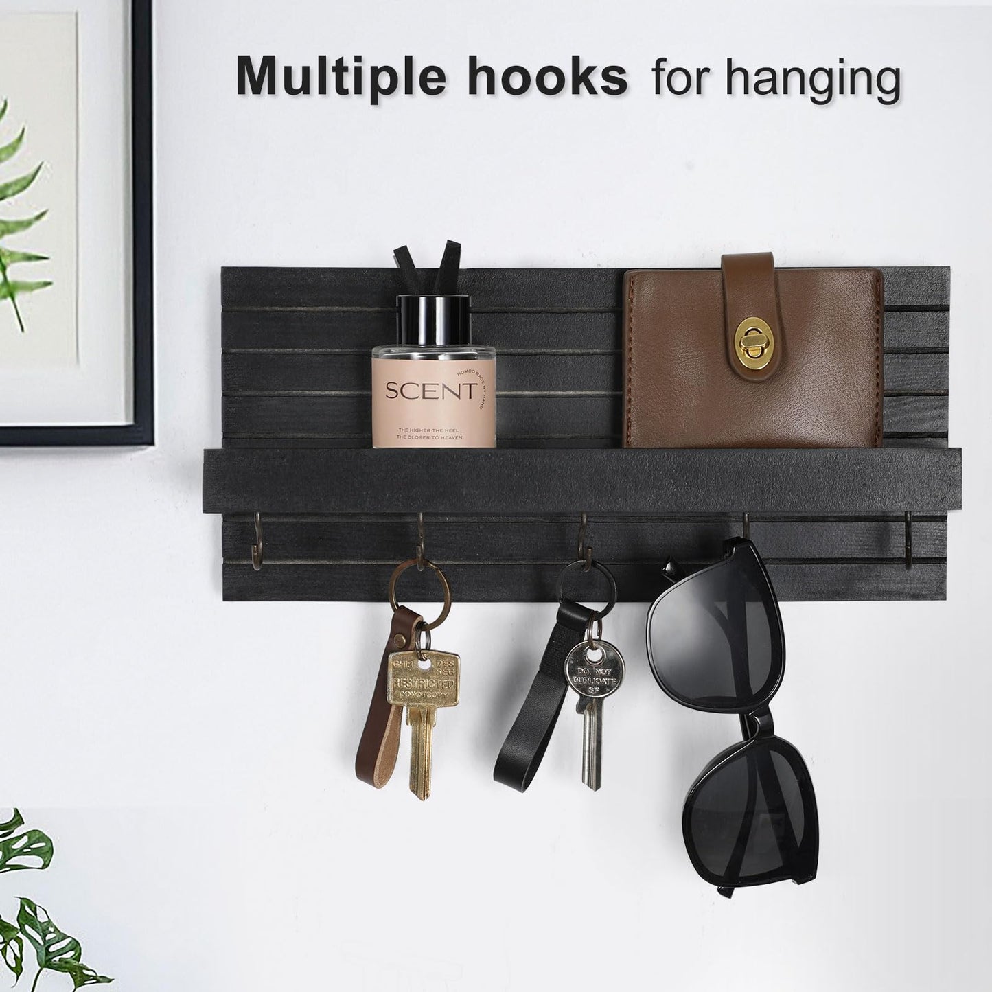 Lwenki Decorative Key Holder for Wall with Shelf, Entryway Shelf with Hooks Holds Leashes, Jackets and Glasses – Sturdy Wood Keyholder Entrance Hanger with Mounting Hardware (Black)