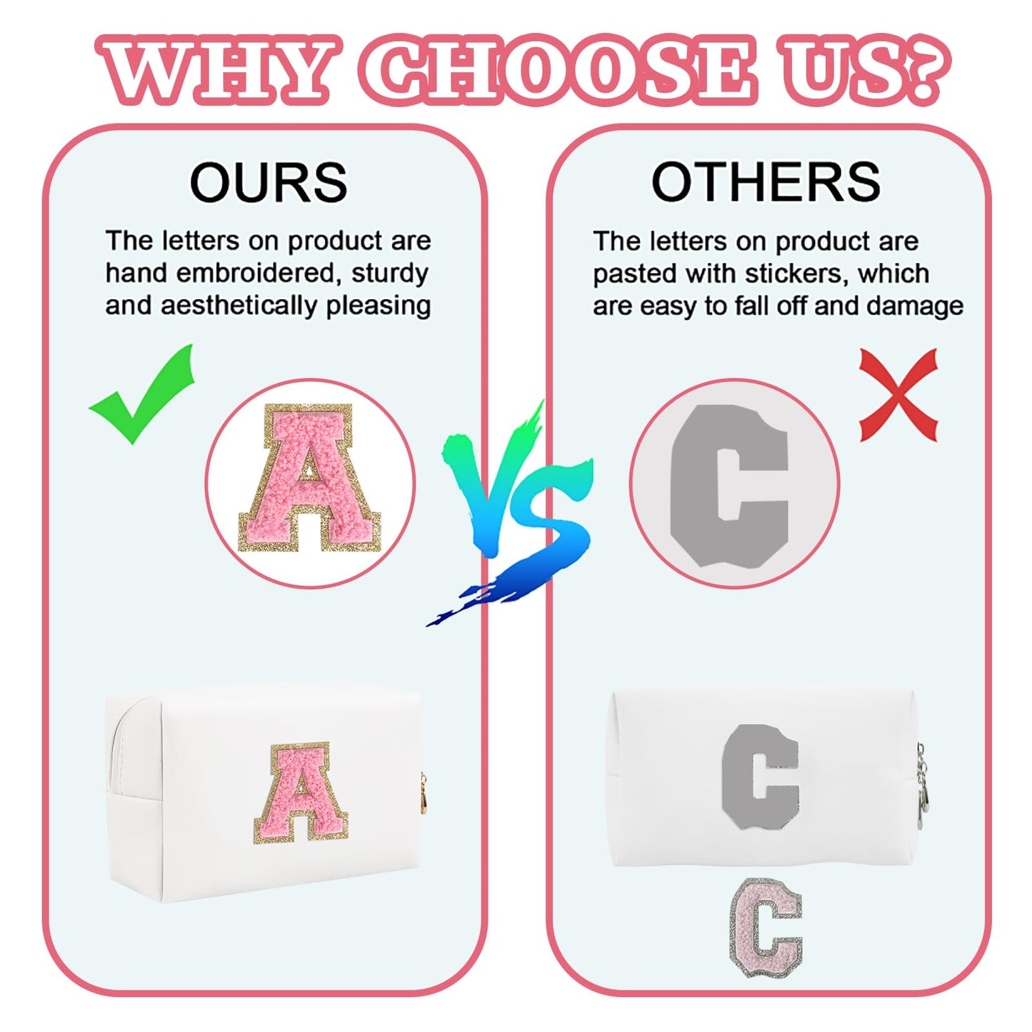 Personalized Initial Patch Makeup Bag, Preppy Portable Chenille Letter Cosmetic Bag With Zipper, PU Leather Waterproof Travel Toiletry Bag Monogram Make Up Pouch for Women Girls (Letter L)