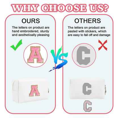 Personalized Initial Patch Makeup Bag, Preppy Portable Chenille Letter Cosmetic Bag With Zipper, PU Leather Waterproof Travel Toiletry Bag Monogram Make Up Pouch for Women Girls (Letter L)