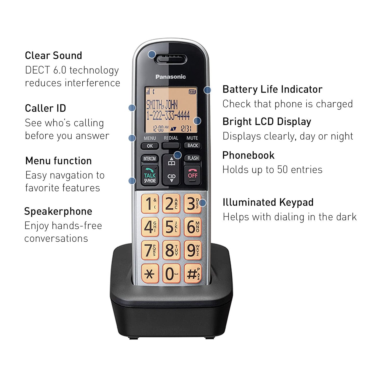 Panasonic Compact Cordless Phone with DECT 6.0, 1.6" Amber LCD and Illuminated HS Keypad, Call Block, Caller ID, Multiple Display Languages - 1 Handset - KX-TGB810S (Black/Silver)