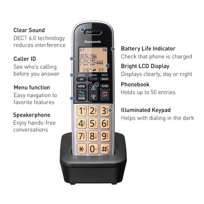 Panasonic Compact Cordless Phone with DECT 6.0, 1.6" Amber LCD and Illuminated HS Keypad, Call Block, Caller ID, Multiple Display Languages - 1 Handset - KX-TGB810S (Black/Silver)