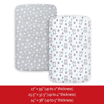 Pack and Play Sheets, 2 Pack Mini Crib Sheets, Stretchy Playard Fitted Sheet, Compatible with Graco Pack n Play, Soft and Breathable Material, Stars & Bunny