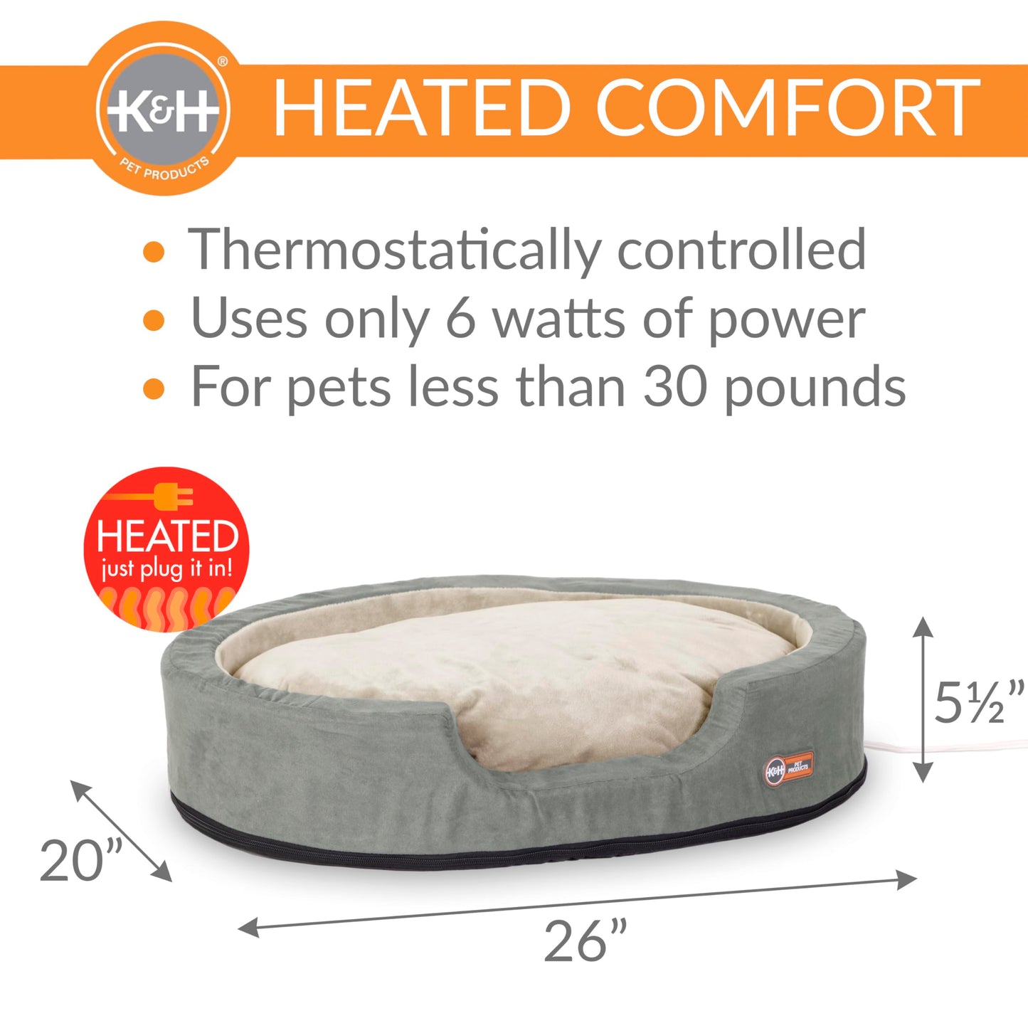 K&H Pet Products Heated Dog Bed Indoor, Thermo-Snuggly Sleeper with Removable Waterproof Heated Pad, Calming Pillow Pet Bed, Machine Washable, Safety Listed - Medium 26 X 20in Sage/Tan