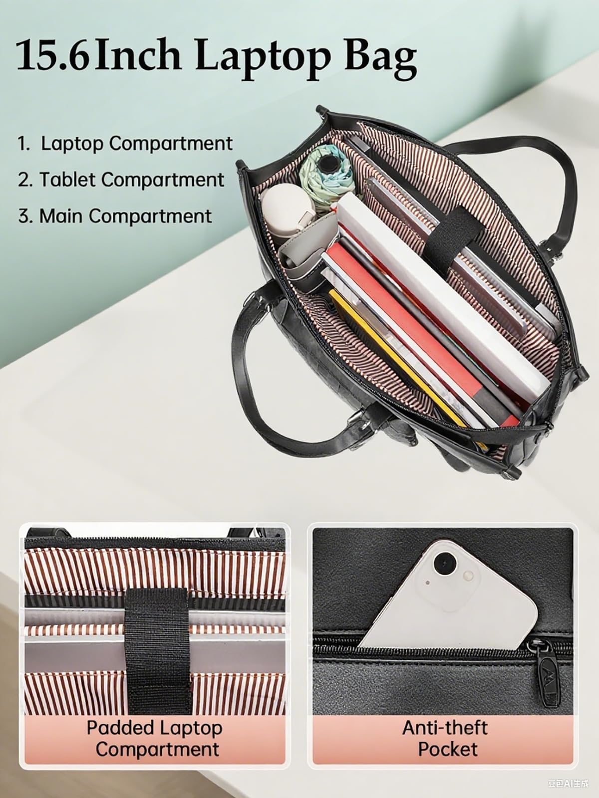 MATEIN Laptop Tote Bag with Insulated Lunch Compartment, 15.6 Inch PU Leather Briefcase with Leakproof Lunch Box Pocket for Women, Convertible Lightweight Computer Work Bag Handbag for Office, Black