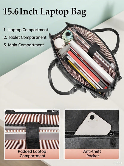 MATEIN Laptop Tote Bag with Insulated Lunch Compartment, 15.6 Inch PU Leather Briefcase with Leakproof Lunch Box Pocket for Women, Convertible Lightweight Computer Work Bag Handbag for Office, Black