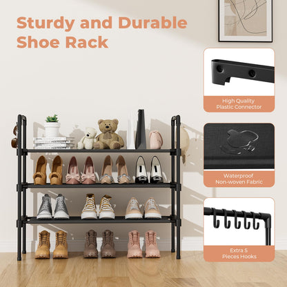 LANTEFUL 3 Tier Shoe Rack for Closet, Shoe Organizer with 5 Hooks, Long Shoe Shelf Storage for Sneaker and Boot Stackable Free Standing Shoe Rack for Entryway, Garage, Small Spaces, Dorm