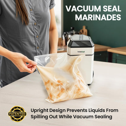InstaSeal Vacuum Sealer for Food with 12 Bags, Preserves Foods 5x Longer, Space Saving Compact Upright Design Allows Machine to Seal Marinades, Soups, Meats for Sous Vide Cooking, Vegetables
