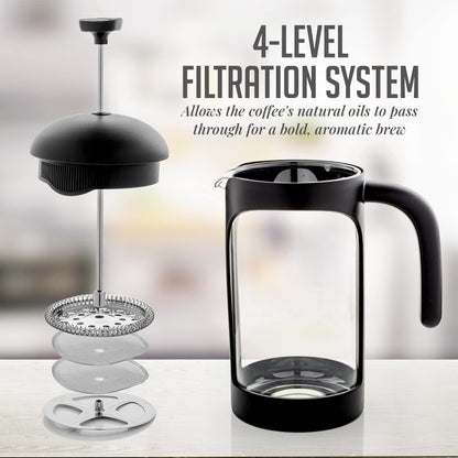 OVENTE French Press Coffee Maker 12 Ounce with Heat Resistant Borosilicate Glass & Stainless Steel 4-Level Filtration System, Portable Cold Brew Coffee Maker for Travel, Camping or Gift, Black FPB12B