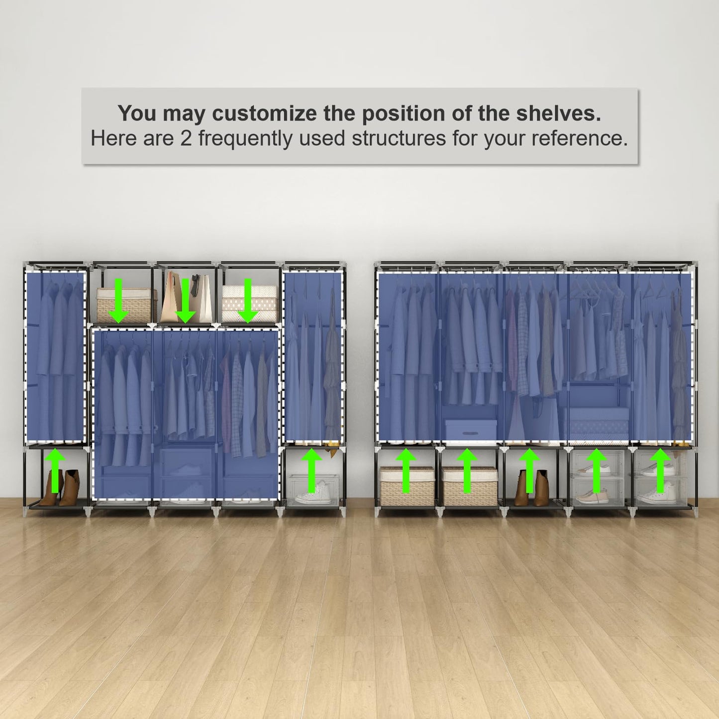 MOGELAFOO 83 Inch Wide Portable Closet Wardrobe, Clothes Storage Rack Organizer with Cover, Side Pockets, 5 Clothes Hanging Rods and 10 Storage Shelves, Black