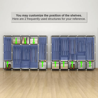 MOGELAFOO 83 Inch Wide Portable Closet Wardrobe, Clothes Storage Rack Organizer with Cover, Side Pockets, 5 Clothes Hanging Rods and 10 Storage Shelves, Black