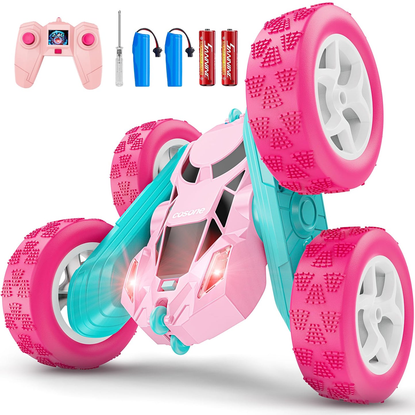 Pink Remote Control Car for Girls - RC Stunt Cars with 4WD Double-Sided Driving 360° Flips Rotating, Off Road Remote Car Outdoor Toys for Kids Age 6 7 8-12, Christmas Birthday Gifts