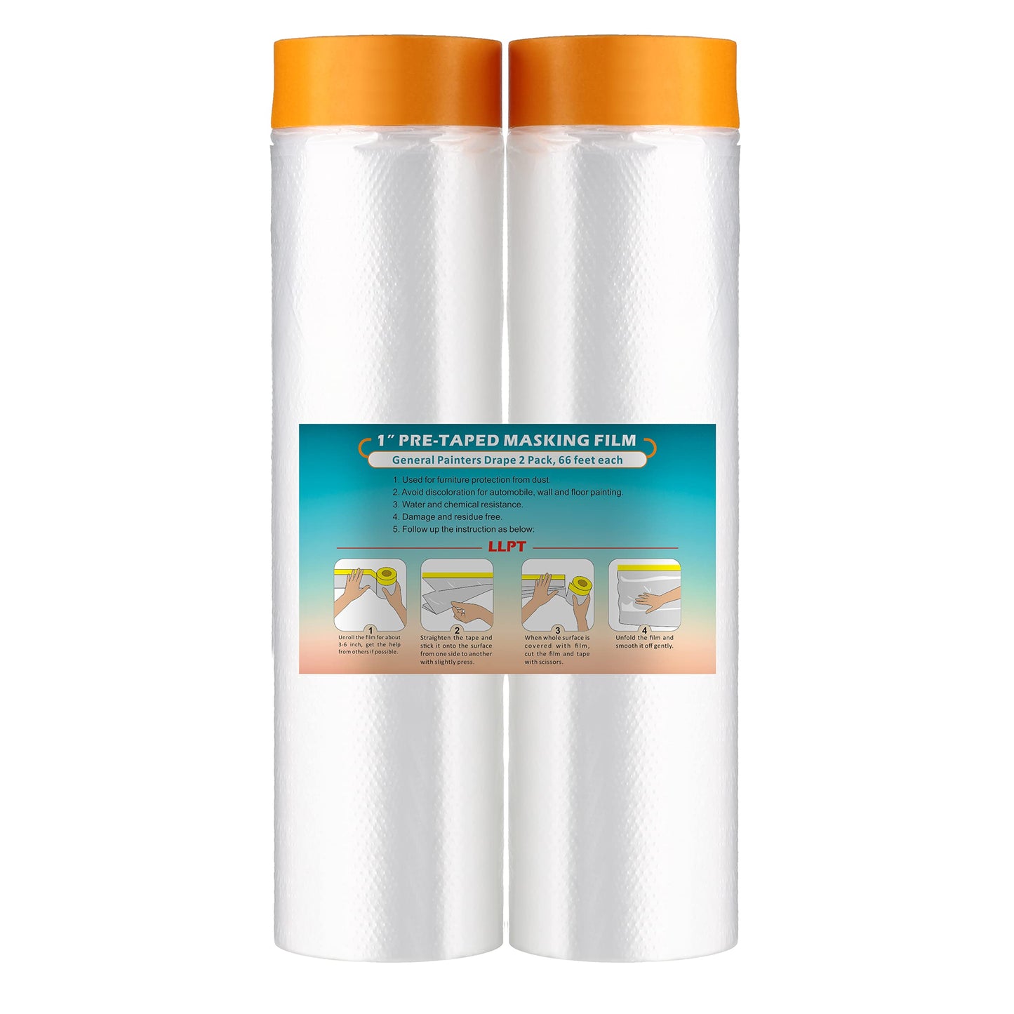 LLPT Tape and Drape 78.7”(Unfolded) x 66 Ft Each 2 Pack Pre-Taped Masking Film 0.27 Mil Painters Plastic Drop Cloth for Auto Wall Furniture Painting Protection (MFT2002)