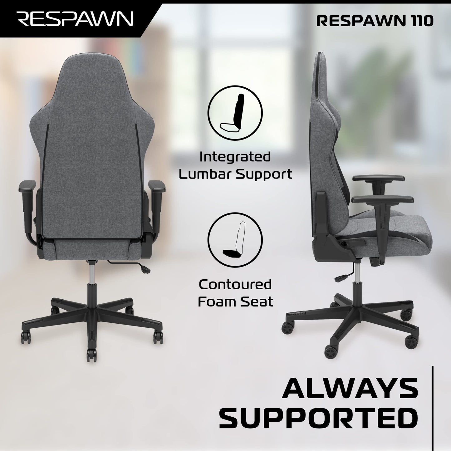 RESPAWN 110 Fabric Gaming Chair Ergonomic Racing Style High Back PC Computer Desk Office Chair - 360 Swivel, Integrated Headrest, 135 Degree Recline Adjustable Tilt Tension Angle Lock - 2023 Grey