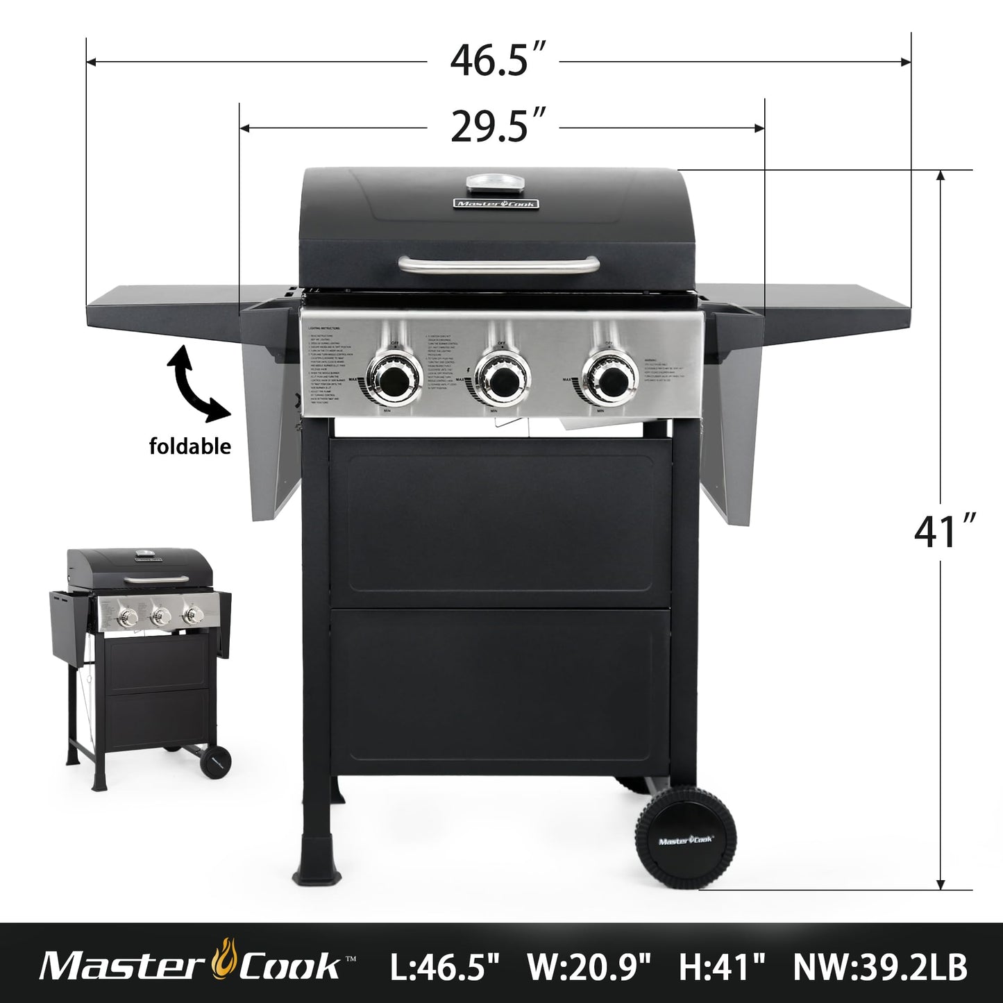 MASTER COOK 3 Burner BBQ Propane Gas Grill, Stainless Steel 30,000 BTU Patio Garden Barbecue Grill with Two Foldable Shelves