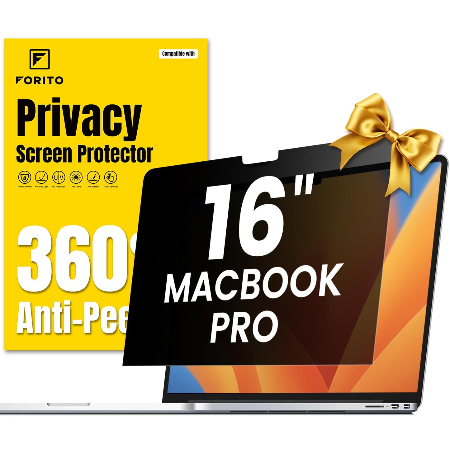 F FORITO 360° Privacy Screen Protector Compatible with MacBook Pro 16 inch (2024, 2023, 2022, 2021, M4, M3, M2, M1, Pro, Max), Anti Peeping Anti Glare Anti Blue Light Laptop Privacy Screen Shield