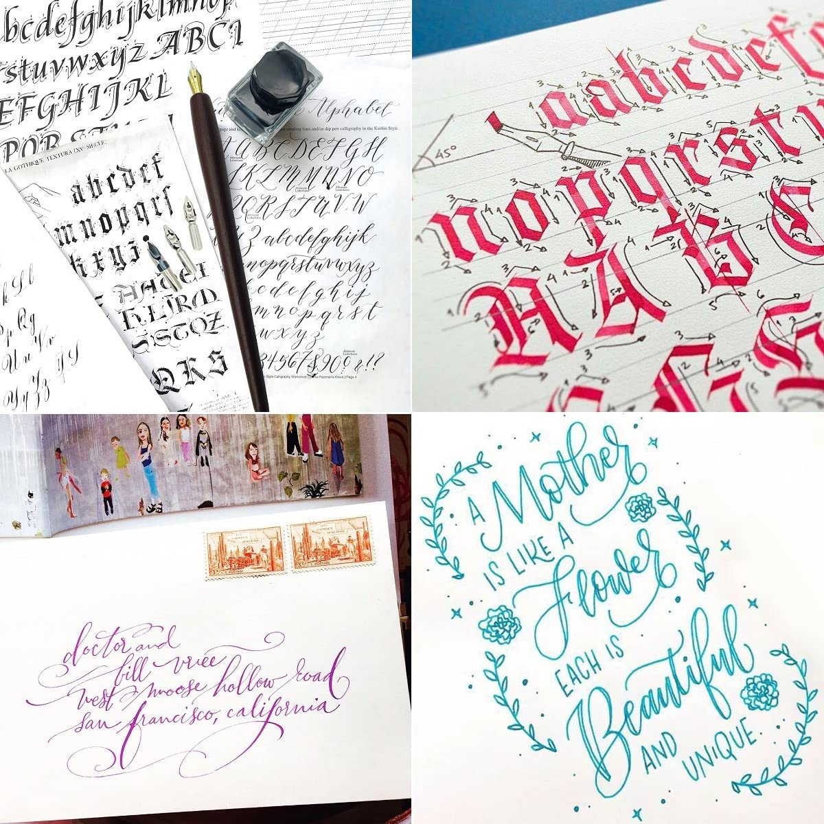 Plotube Calligraphy Pen Set – Includes Wooden Dip Pen, Antique Brass Holder, 11 Nibs, 7 Colors Ink Bottles and Beginner's Manual