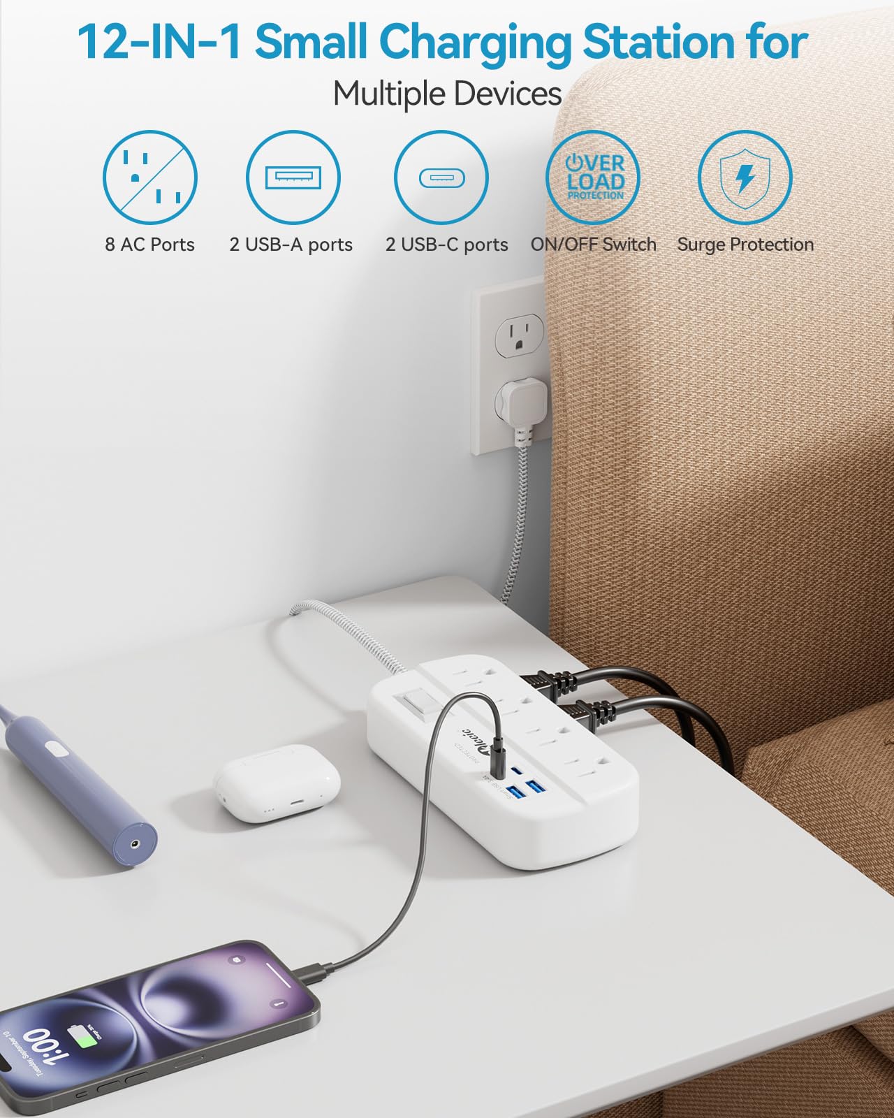 Power Strip with USB, 5Ft Travel Power Strip Surge Protector with 8 Outlets 4 USB(3.4A/17W) Charging Station, 13A/1625W 3 Prong Small Extension Cord Outlet Splitter, Wall Mount for Travel Office Dorm