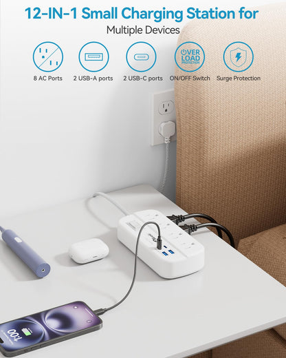 Power Strip with USB, 5Ft Travel Power Strip Surge Protector with 8 Outlets 4 USB(3.4A/17W) Charging Station, 13A/1625W 3 Prong Small Extension Cord Outlet Splitter, Wall Mount for Travel Office Dorm