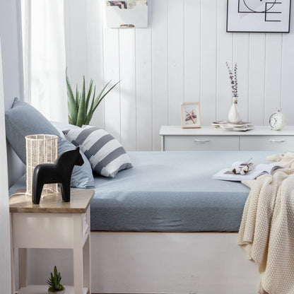 LIFETOWN 100% Jersey Knit Cotton Sheet, Extra Deep Pocket, 1 Fitted Sheet with 2 Pillowcases, Wrinkle-Free Ultra Soft (Heathered Greyish Blue, King)