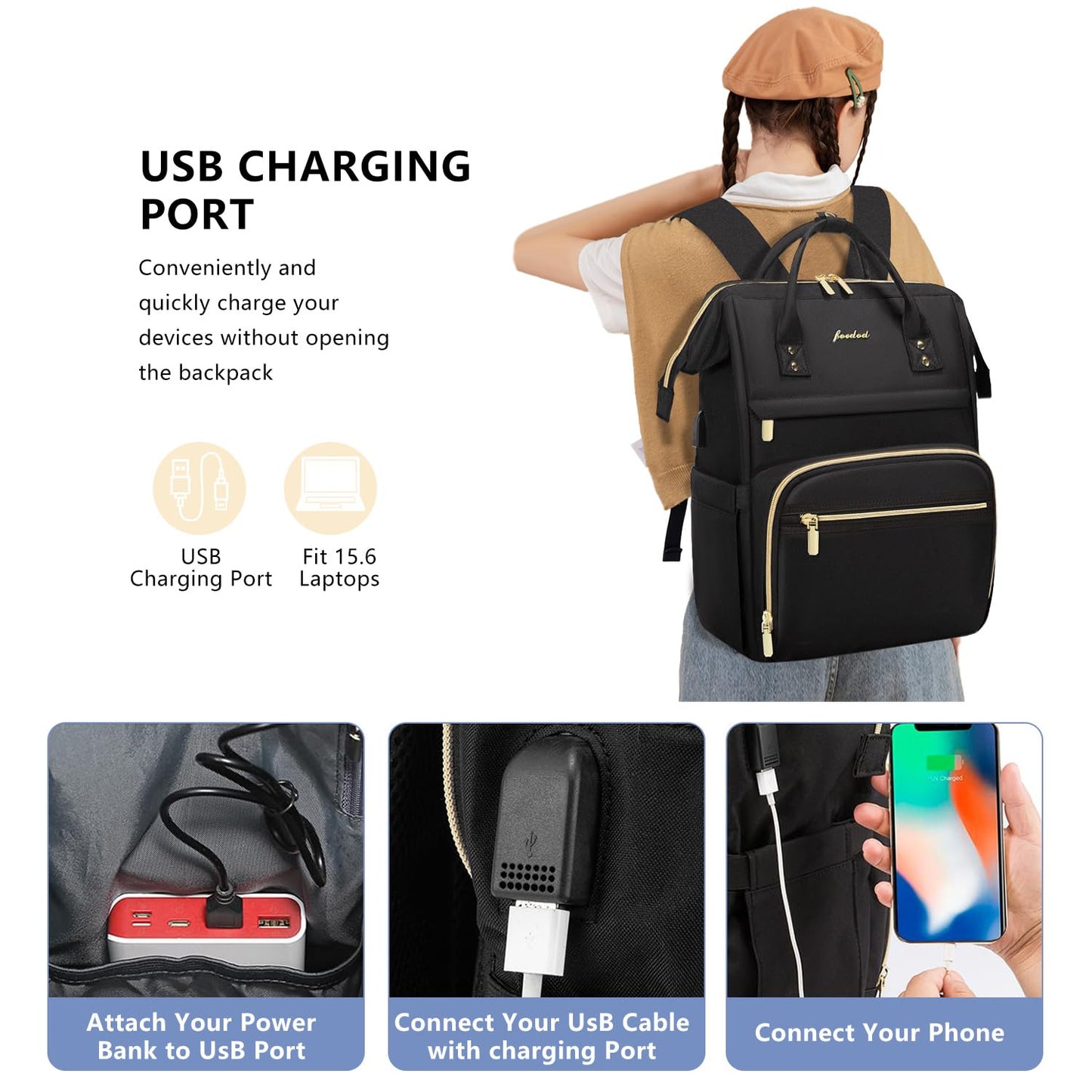 Focdod Women Laptop Backpack Teacher Bags: 17.3 Inch Nurse Computer Backpack with USB Port Work Bag Stylish Travel Daypack Bookbag Waterproof for Business Woman Gifts BLACK