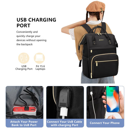 Focdod Women Laptop Backpack Teacher Bags: 17.3 Inch Nurse Computer Backpack with USB Port Work Bag Stylish Travel Daypack Bookbag Waterproof for Business Woman Gifts BLACK