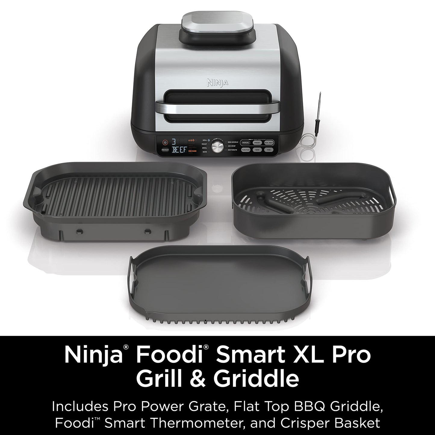Ninja IG651 Foodi Smart XL Pro 7-in-1 Indoor Grill/Griddle Combo, use Opened or Closed, Air Fry, Dehydrate & More, Pro Power Grate, Flat Top, Crisper, Smart Thermometer, Black