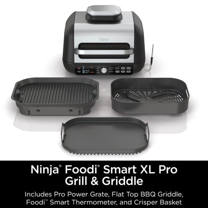 Ninja IG651 Foodi Smart XL Pro 7-in-1 Indoor Grill/Griddle Combo, use Opened or Closed, Air Fry, Dehydrate & More, Pro Power Grate, Flat Top, Crisper, Smart Thermometer, Black