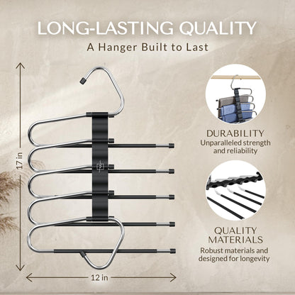 MORALVE Pants Hangers Space Saving - 2 Pack - Non-Slip Multi-Layer Space Saving Hangers - Multifunctional Clothing Rack for Closet Storage - Ideal for Jeans, Trousers, Skirts, Scarves & Slacks (Black)