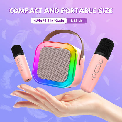 Mini Karaoke Machine for Kids Girls Boys - Birthday Gifts for Ages 4 5 6 7 8+ Year Old - 2025 New est - Portable Bluetooth Speaker with 2 Wireless Microphone - Kids' Instrument Accessories - Pink