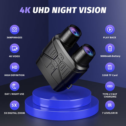 Night Vision Goggles - 4K Night Vision Binoculars with 5000mAh Rechargeable Battery, 32GB TF Card can Save Photo and Video, 3'' HD Screen for Camping & Security, Black